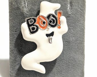 Vintage Halloween pin ghost BOO white silver tone metal brooch