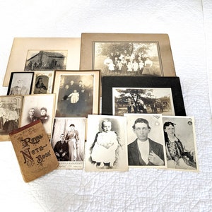 Antique picture lot  late 1800s Victorian cabinet card photography Large pictures women children men house Historical notepad