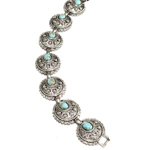 Vintage 60s Sarah Coventry bracelet boho faux turquoise silver tone southwestern cottage core 1962 Indian Treasures