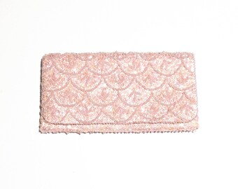 Vintage light pink beaded purse clutch formal prom wedding sequin evening bag