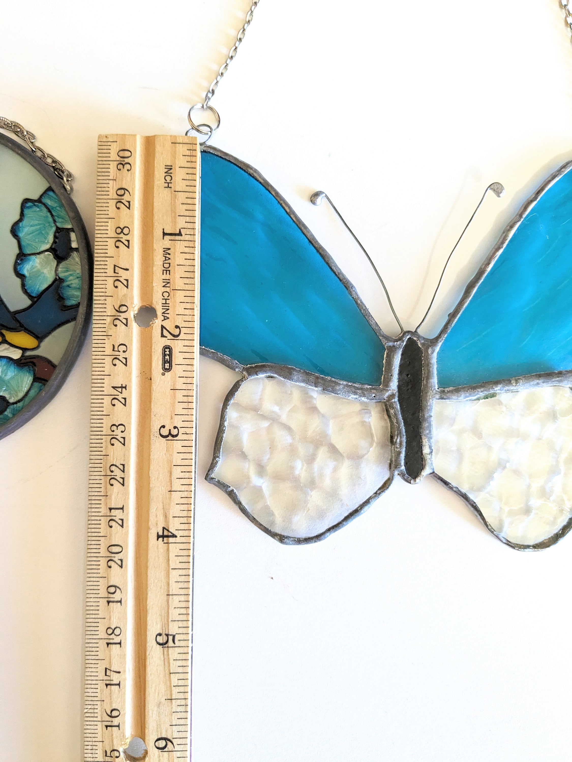 Vintage Stained Glass Suncatcher Lot Blue Butterfly Birds Etsy