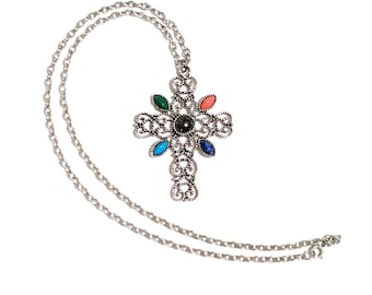 Vintage Avon Cross Pendant Necklace, Silver Tone Filigree, Colorful Stones, 1972
