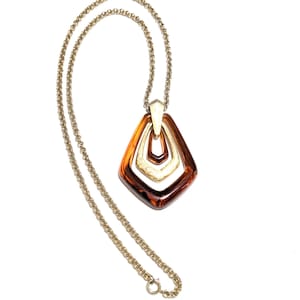 Vintage 70s Avon necklace tortoise shell colored gold tone geometric 1974 Town and Country Pendant brown topaz color long gold chain