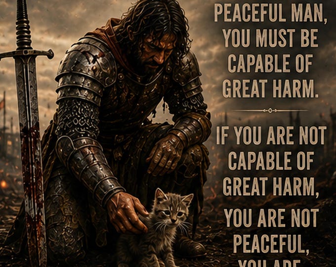 Peaceful Not Harmless Wall Art, Medieval Warrior Quote, Masculine Strength Printable