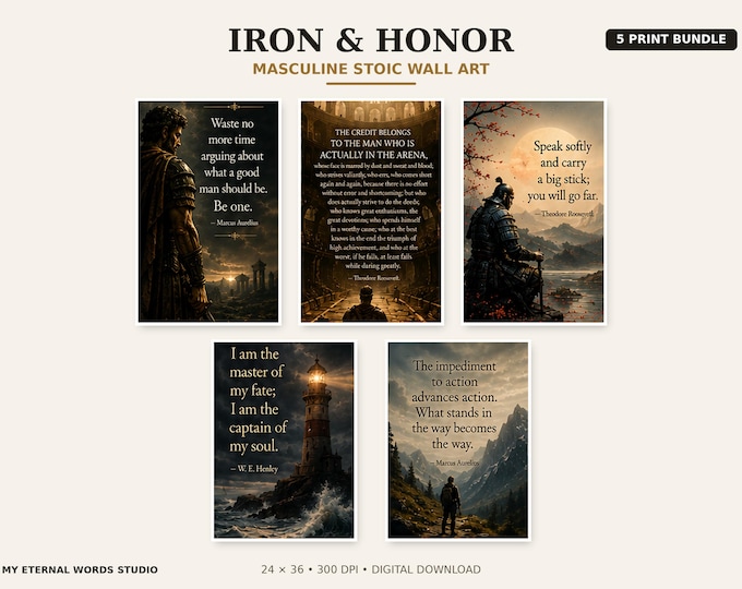 Masculine Stoic Wall Art Bundle: 5 Motivational Printable Posters for Men