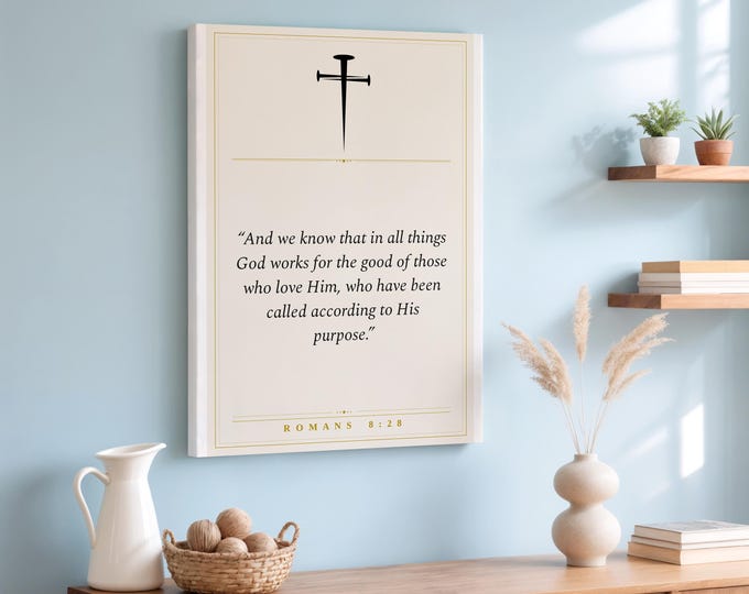 Romans 8:28 Scripture Print | Elegant Serif, Gold Border (Digital Download)