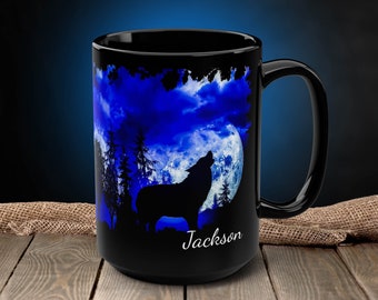 Howling Wolf Moon Wolf Mug personnalisé, cadeaux de loup pour les hommes, cadeaux de loup pour les femmes, cadeaux de loups, tasse à café de loup, tasse de camping, tasse de cabine