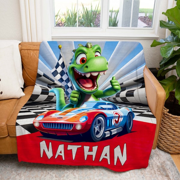 Personalized Boys Blanket With Name, Race Car Birthday, Custom Boys Blanket, 5 Year Old Boy Gift, Dinosaur Blanket Boys Dino Blanket