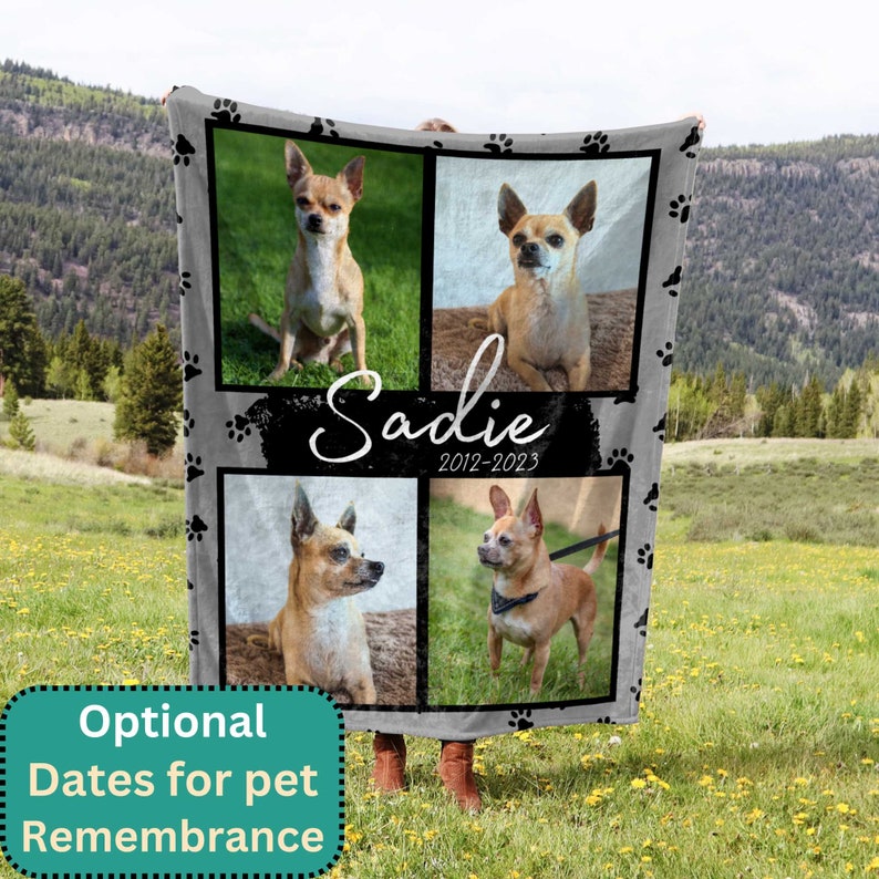 May include: A gray and white fleece blanket with paw prints and four photos of a small brown and white dog. The dog's name is Sadie and the dates 2012-2023 are printed on the blanket.