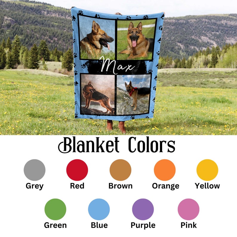 May include: A blue fleece blanket with paw prints and four photos of a German Shepherd dog. The blanket has the name "Max" written in black on it.