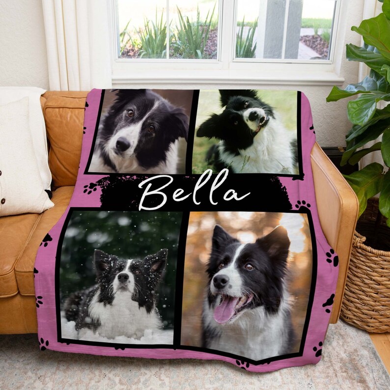 May include: A pink fleece blanket with paw prints and four photos of a black and white border collie dog. The blanket has the name "Bella" written in black cursive on a black background.