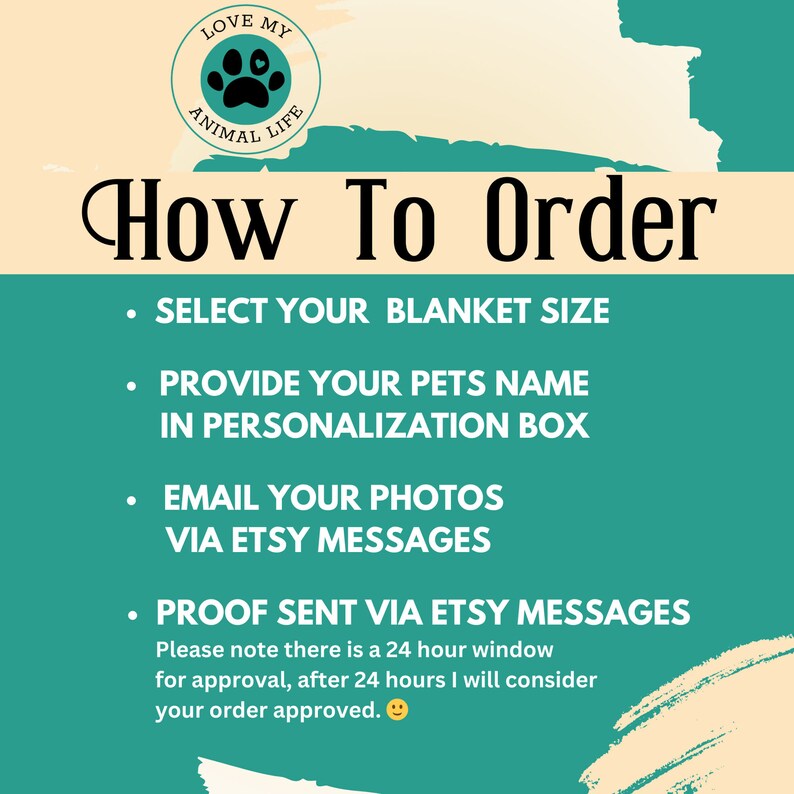 May include: A teal green graphic with the text "How To Order" in black. The graphic lists instructions for ordering a personalized pet blanket, including selecting a size, providing the pet's name, emailing photos, and approving a proof.