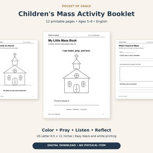 May include: A 12-page printable children's mass activity booklet titled My Little Mass Book. The black and white pages feature church illustrations, writing prompts, and spaces for drawing. The document is formatted for 8.5 x 11 inch US Letter paper.