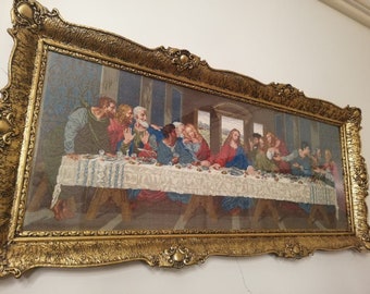 Gobelin needlepoint or petite point "Jesus's last dinner" ( 6 years process time) framed with glass complete.