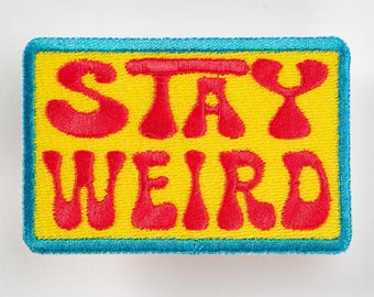 Stay Weird Iron-on or Sew-on Machine Embroidered Patch with Pink Lettering, Yellow Background and Blue Border. Homage to Ms. PacMan