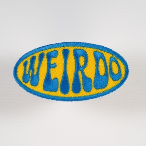 Weirdo Iron-on or Sew-on Machine Embroidered Patch with Blue Lettering on Yellow Background