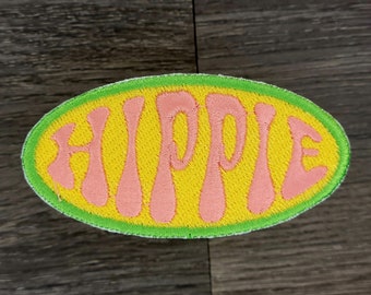 Pink on Yellow Hippie Iron-on or Sew-on Machine Embroidered Patch