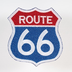 Route 66 Embroidered Iron-on Patch in Blue and Red