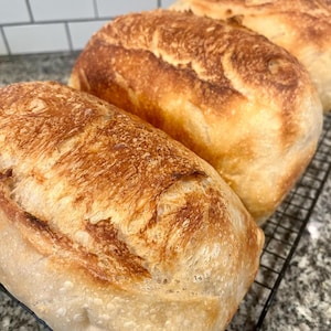 May include: Three loaves of freshly baked bread with golden-brown crusts rest on a black wire rack. The bread has a rustic appearance, with a textured surface and visible scoring. The loaves are rectangular in shape.