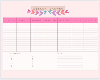 Weekly Planner Digital Template, Pink Girly Aesthetic, Planner Template