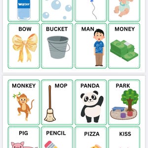 May include: Flashcards with colorful illustrations and words. Includes a bottle with "Water" label, a blue balloon, a baby, a yellow bow, a bucket, a man, stacks of money, a monkey, a mop, a panda, a park, a pig, a pencil, pizza, and red lips.
