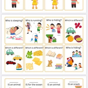 May include: Educational flashcards with colourful illustrations. The cards feature images and text prompts for learning body parts, actions, and object identification. The cards are designed for early childhood education and language development.