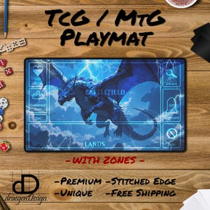 May include: A rectangular TCG/MTG playmat featuring a blue dragon with a lightning background. The mat includes zones for life total, command zone, and lands. The text "TCG / MTG PLAYMAT" is at the top.