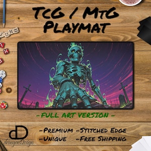 May include: A rectangular playmat featuring a central illustration of a skeletal figure surrounded by green flames against a dark purple and red sky. The scene includes a graveyard with tombstones and swords. The text TCG / MTG PLAYMAT is visible.