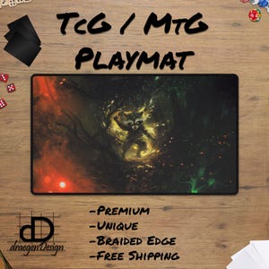 May include: A fantasy-themed playmat featuring a raccoon-like creature with glowing eyes and a magical aura. The playmat has a dark background with trees and a red and green glow. The text "TCG | MTG PLAYMAT" is at the top of the image. The text "PREMIUM - UNIQUE - BRAIDED EDGE - FREE SHIPPING" is at the bottom of the image.