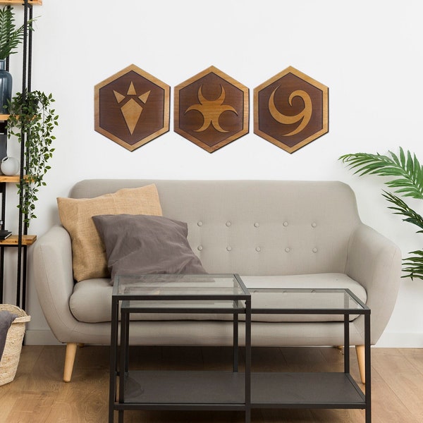 Zelda Emblem Wall Decor *SET OF 3* - Laser Cut Wood - Geometric Kokiri Goron Zora Spiritual Stone Hanging - Lightweight - Ready to Hang -