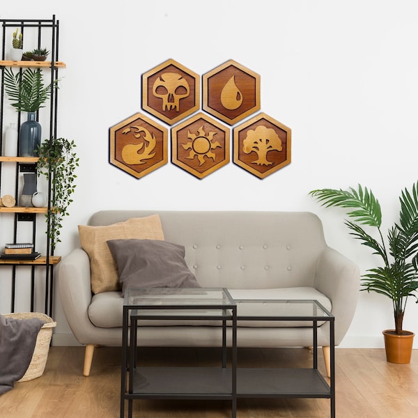 MTG Mana Symbol Wall Decor *CONJUNTO DE 5* - Madera cortada con láser - Colgante de pared mágico geométrico - Ligero - Listo para colgar -