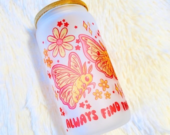 Rosy Maple Moth Glass Cup, Pink and Yellow Moth Iced Coffee Cup, 16 oz Glass Moth Cup, Always Find the Light Cup, Moth Glass Can, Floral Cup