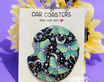 Luna Moth Car Coasters, Set of 2 Neoprene Car Coasters, Witchy Car Accessories, Witchy Car Coasters, Celestial Coasters, Luna Moth Coasters
