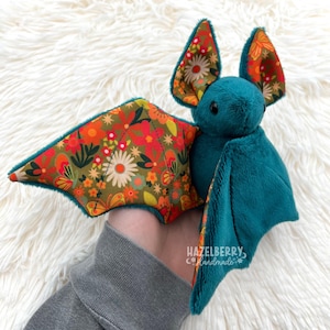 Bat Plushie with Floral Design, Handmade Bat Plush, Soft Minky Plush Bat, Unique Gift for Bat Lovers