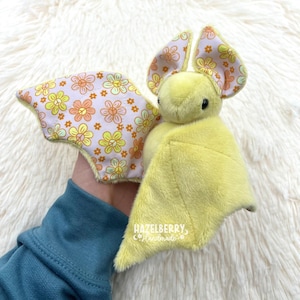 Floral Bat Stuffed Animal, Handmade Bat Plush, Yellow Plush Bat, Gothic Gift, Spooky Cute Plush, Bat Stuffed Animal