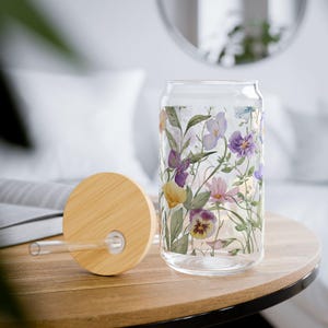 Floral Glass Tumbler 16oz, Wildflower Cottagecore Sipper Cup, Coffee Lover Gift, Flower Can with Lid, Women&#39;s Beverage Glass