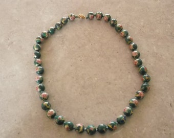 Vintage Green Cloisonne Beads Necklace Hand Knotted 60 cms length