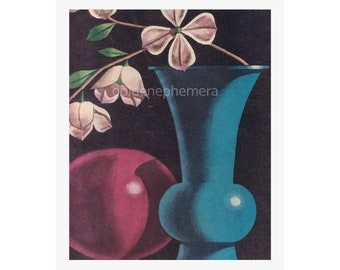 Still Life Art Print, Minimalist Wall Decor, Pink Flowers in Vase Poster, Vintage Magazine Art, 1933 Magazine, Mid Century Decor, Floral Art