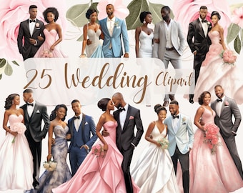 May include: 25 digital illustrations of Black couples in wedding attire. The couples are depicted in various poses, including holding hands, embracing, and smiling. The illustrations are in a watercolor style and feature a variety of wedding dresses, suits, and accessories.