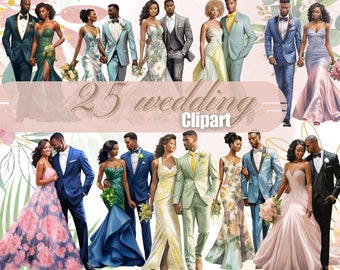 May include: 25 digital illustrations of Black couples in wedding attire. The couples are depicted in various poses, with the women wearing a variety of wedding dresses and the men wearing suits. The illustrations are in a cartoon style and are set against a white background.