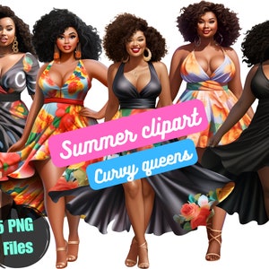 Summer curvy African American Woman clipart,summer clipart, Fashion Girls Clipart,summer clipart,5 melanin queens PNG with summer dresses