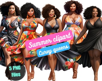 Summer curvy African American Woman clipart,summer clipart, Fashion Girls Clipart,summer clipart,5 melanin queens PNG with summer dresses