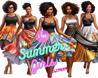 Imágenes prediseñadas de mujer afroamericana de verano, cabello natural de chicas negras, imágenes prediseñadas de chicas de moda, imágenes prediseñadas de verano, 5 mujeres de melanina PNG con vestido increíble