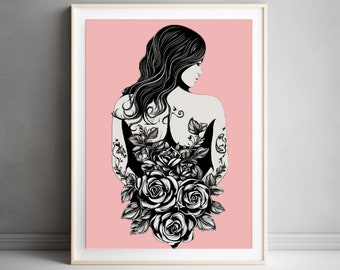 stampa murale rosa e nera body art di donna, corpo femminile, figura silhouette, stampa artistica da parete con rose e tatuaggi-Stampa digitale