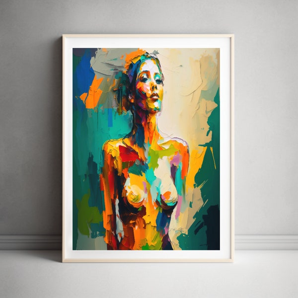 Colorful woman's Body Modern Impressionism-Oil paint inspired-Vibrant Stunning Female Painting art print in a Skillfully Lit Cyan and Beige