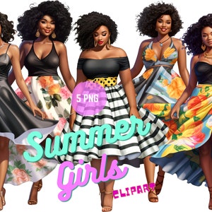 Summer African American Woman clipart,black beauty girls summer,Fashion Girls Clipart,summer clipart,5 melanin Women PNG with summer dresses