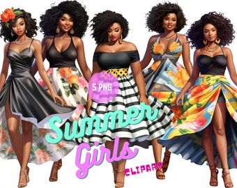 Imágenes prediseñadas de mujer afroamericana de verano, verano de chicas de belleza negra, imágenes prediseñadas de chicas de moda, imágenes prediseñadas de verano, 5 mujeres de melanina PNG con vestidos de verano