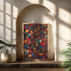 Berber rug chaos-Vibrant African Wax Print Patchwork Art - Colorful Textile Mosaic Wall Decor- Bold Geometric Fabric Collage - Ankara Patter