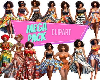 Imágenes prediseñadas de mujer afroamericana, imágenes prediseñadas de mujeres negras, imágenes prediseñadas de chicas de moda, imágenes prediseñadas de verano, 35 mujeres de melanina PNG con mega paquete de vestidos increíbles