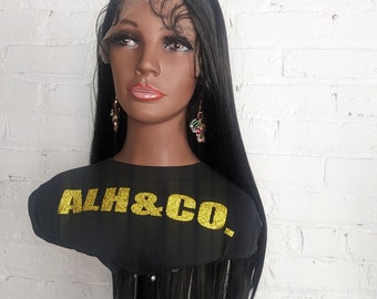 Long black wig with middle part